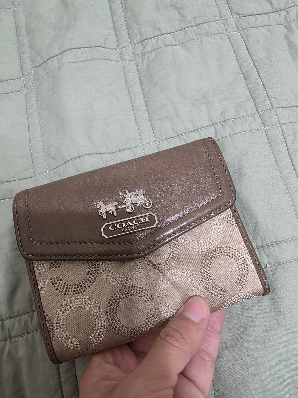 Coach Signature Leather and Canvas Trifold Wallet - Brown/Tan